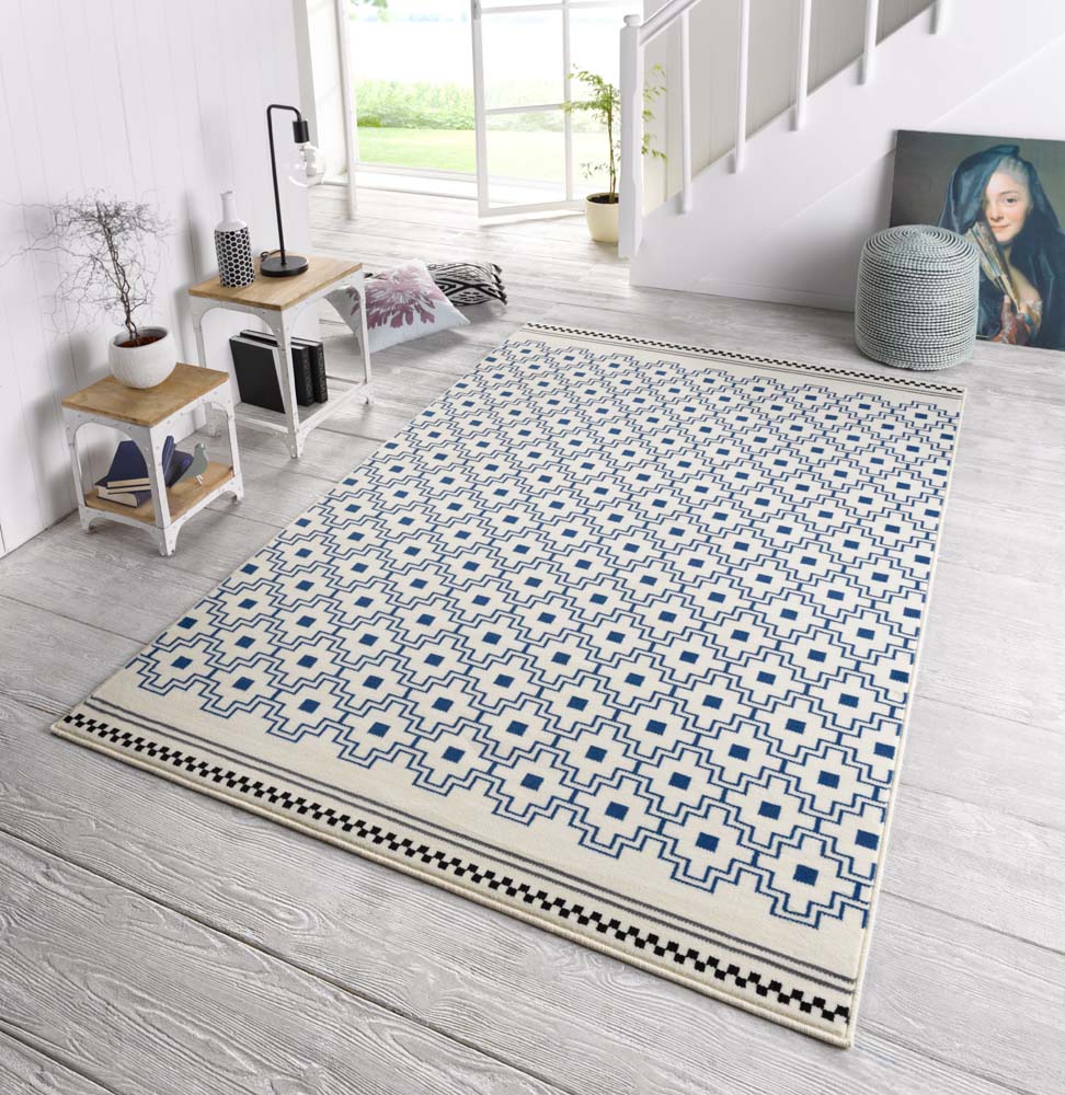 Dek de tafel Mellow Geslagen vrachtwagen Design vloerkleed Cubic - crème/blauw | Tapeso