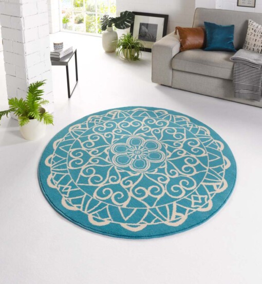 Modern vloerkleed rond Mandala - blauw - sfeer