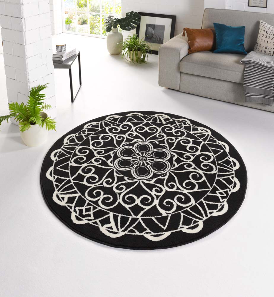 programma leeuwerik Denken Modern vloerkleed rond Mandala - zwart | Tapeso