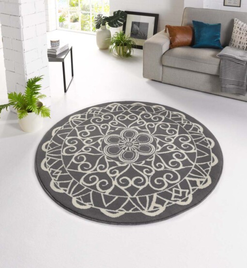 Modern vloerkleed rond Mandala - grijs - sfeer