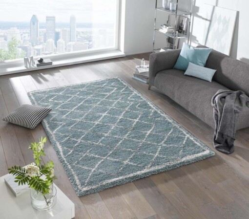 Hoogpolig vloerkleed ruiten Loft - blauw/crème - sfeer