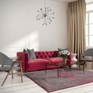 Elegant interior, with red velvet sofa and window and flowers