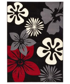 Modern vloerkleed bloemen Flora - zwart/rood - overzicht schuin
