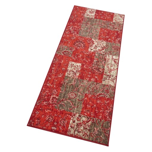 Patchwork loper Kirie - rood/bruin - overzicht schuin
