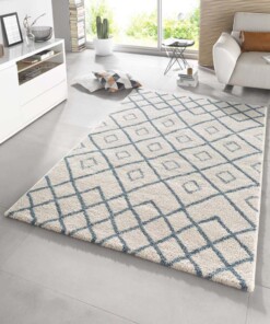 Hoogpolig modern vloerkleed Maison - blauw/crème - sfeer