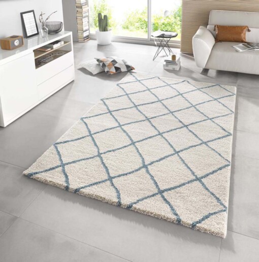 Modern design vloerkleed ruiten Diva - crème/blauw - sfeer