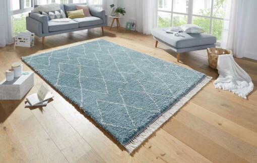 Hoogpolig vloerkleed Jade - blauw/crème - sfeer