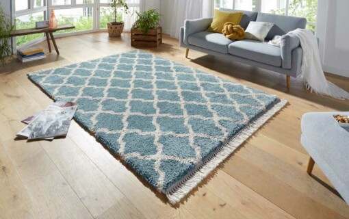 Hoogpolig vloerkleed Pearl - blauw/crème - sfeer