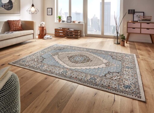 Oosters vloerkleed Sign - blauw/grijs - sfeer