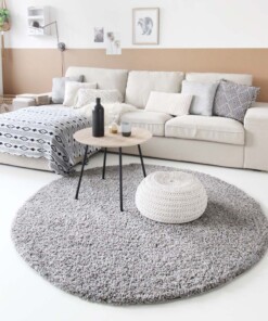 Hoogpolig vloerkleed shaggy Trend effen rond - lichtgrijs - sfeer, thumbnail