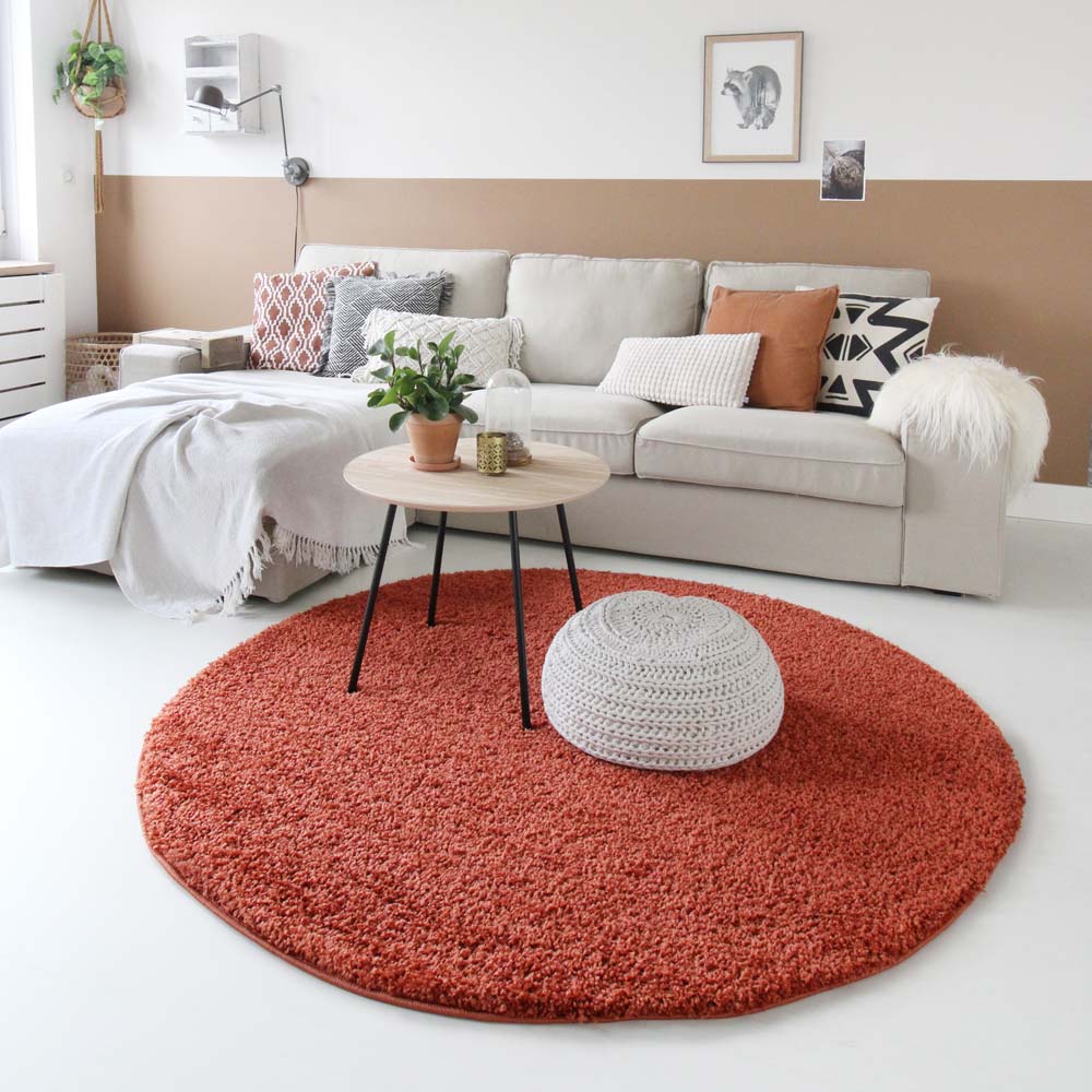 Hoogpolig vloerkleed shaggy effen rond - terracotta Tapeso