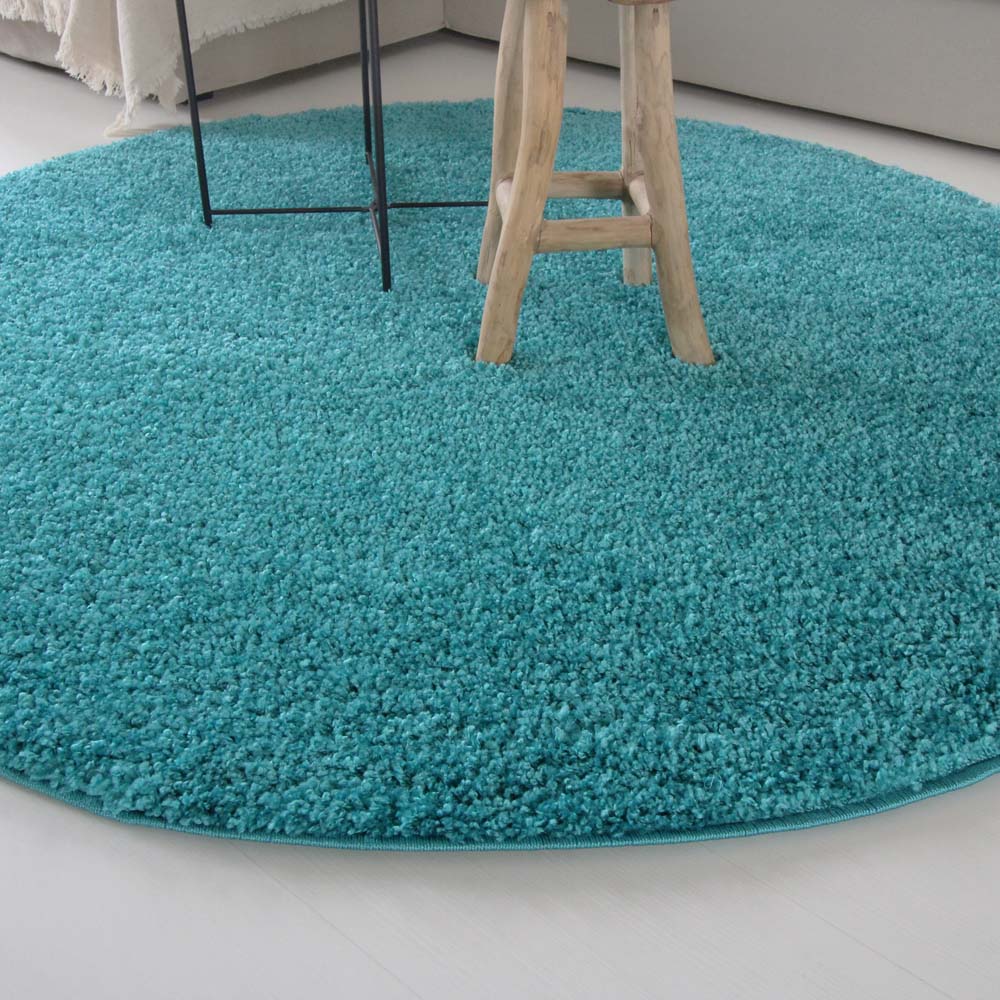 Hoogpolig vloerkleed shaggy Trend effen rond turquoise