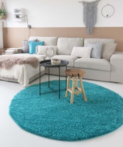 Hoogpolig vloerkleed shaggy Trend effen rond - turquoise - sfeer, thumbnail