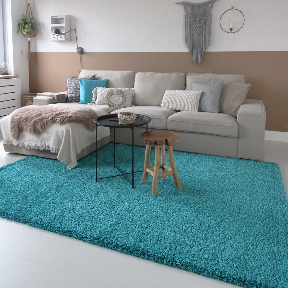 distillatie Dierbare Pakistan Hoogpolig vloerkleed shaggy Trend effen - turquoise | Tapeso