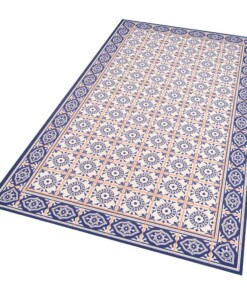 Vloerkleed vinyl ruiten Aurelie - blauw/apricot - overzicht schuin, thumbnail