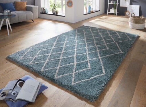 Hoogpolig vloerkleed geruit Touch - blauw/crème - sfeer
