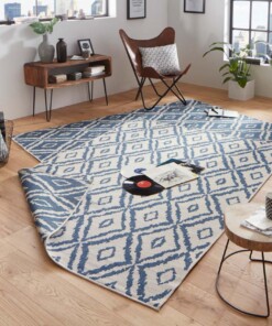 Binnen & buiten vloerkleed ruiten Rio - blauw/crème - sfeer, thumbnail