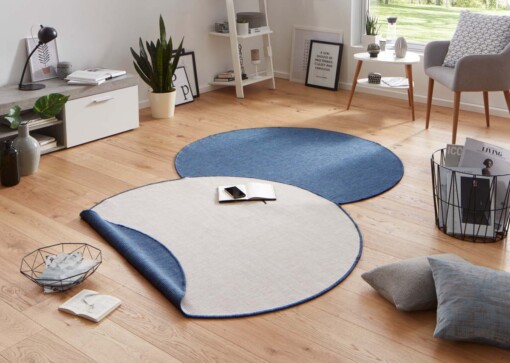 Rond vloerkleed binnen & buiten Miami - blauw/crème - sfeer
