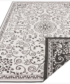 Binnen & Buiten vloerkleed Leyte - zwart/crème - overzicht schuin, thumbnail