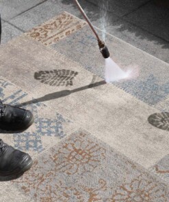 Binnen & buiten vloerkleed patchwork Symi - blauw/bruin - close up materiaal, thumbnail