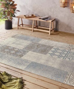 Binnen & buiten vloerkleed patchwork Symi - blauw/bruin - sfeer