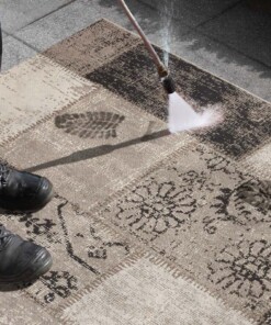 Binnen & buiten vloerkleed patchwork Symi - zwart/taupe - close up materiaal, thumbnail