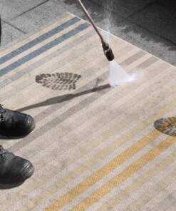 Binnen & buiten vloerkleed strepen Paros - blauw/goud - close up materiaal, thumbnail