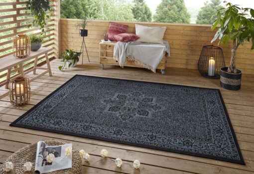 Binnen & buiten vloerkleed vintage Anjara - azuur/antraciet - sfeer