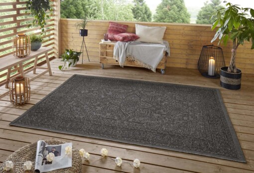 Binnen & buiten vloerkleed vintage Anjara - zwart/grijs - sfeer