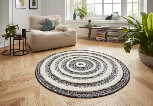 Rond vloerkleed 3D effect Nador - grijs/crème - sfeer