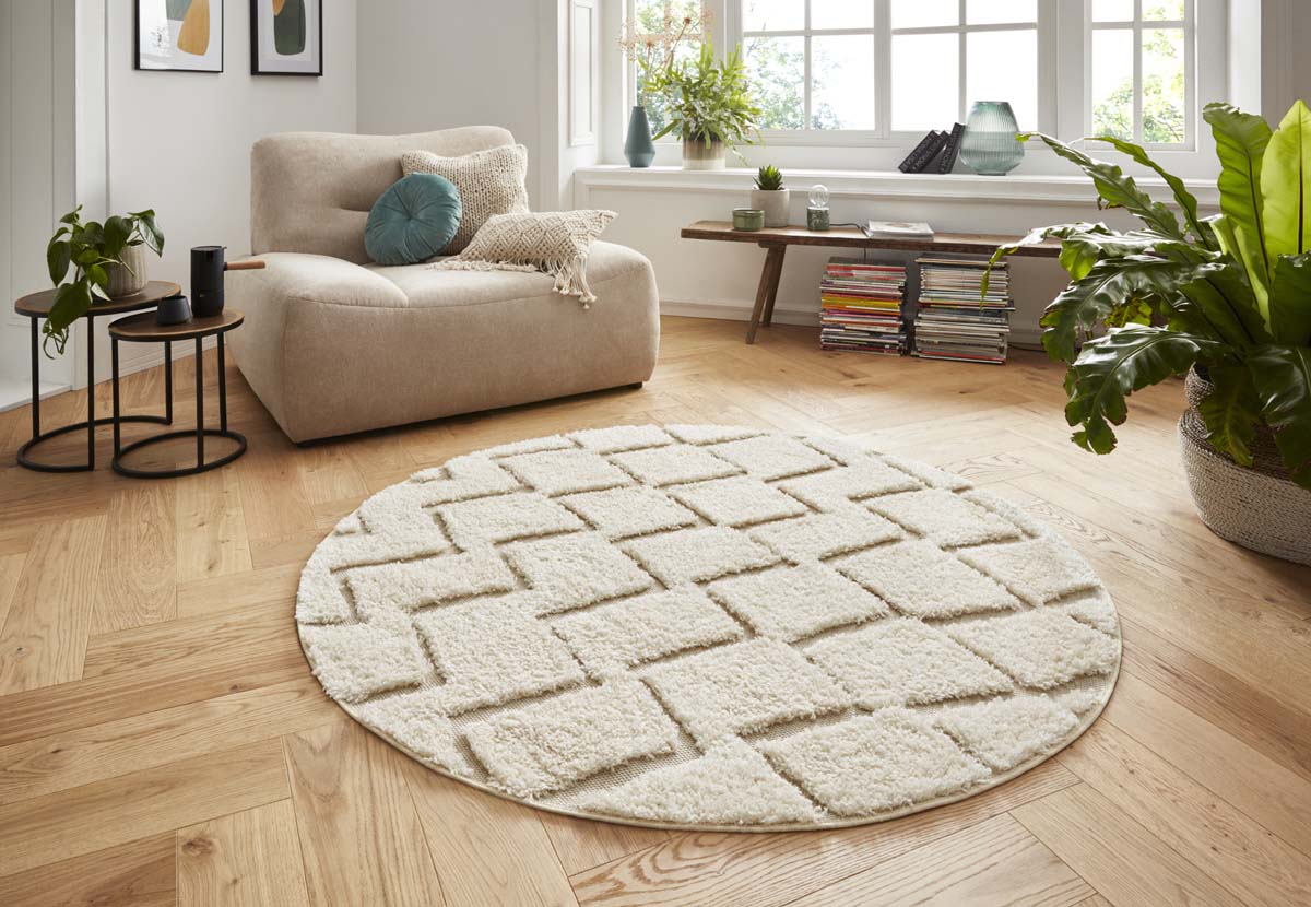 Afwijzen Fictief gebaar Rond vloerkleed 3D effect Dades - crème/beige | Tapeso