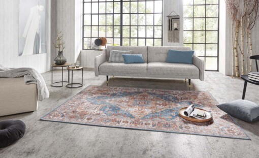 Vintage vloerkleed Sylla - blauw/oranje - sfeer