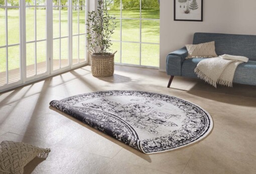 Rond binnen & buiten vloerkleed borbon - zwart/crème - sfeer