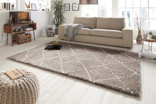 Hoogpolig vloerkleed geruit Allure - beige/crème - sfeer