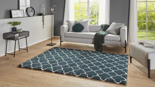 Hoogpolig vloerkleed luna - petrol/crème - sfeer