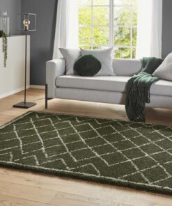 Hoogpolig vloerkleed ruiten Loft - olijfgroen/crème - sfeer, thumbnail