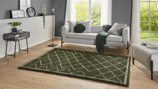 Hoogpolig vloerkleed ruiten Loft - olijfgroen/crème - sfeer