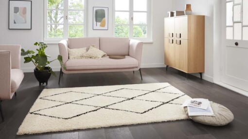Hoogpolig vloerkleed ruiten Moss - crème - sfeer