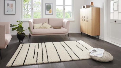 Hoogpolig vloerkleed strepen Moss - crème - sfeer