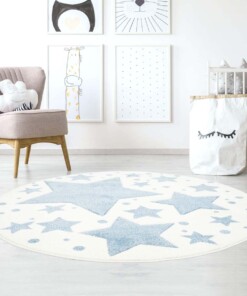 Rond vloerkleed kinderkamer Sterren 3D - crème/blauw - sfeer