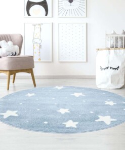 Rond vloerkleed kinderkamer Kleine Sterren 3D - blauw/crème - sfeer, thumbnail