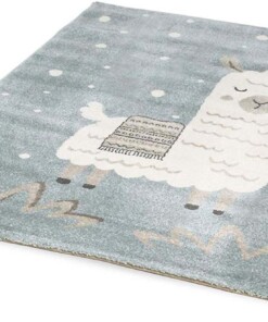 Vloerkleed kinderkamer Lama - blauw/wit - overzicht schuin, thumbnail