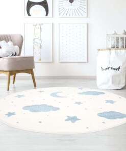 Rond vloerkleed kinderkamer Wolk & Ster 3D - crème/blauw - sfeer, thumbnail