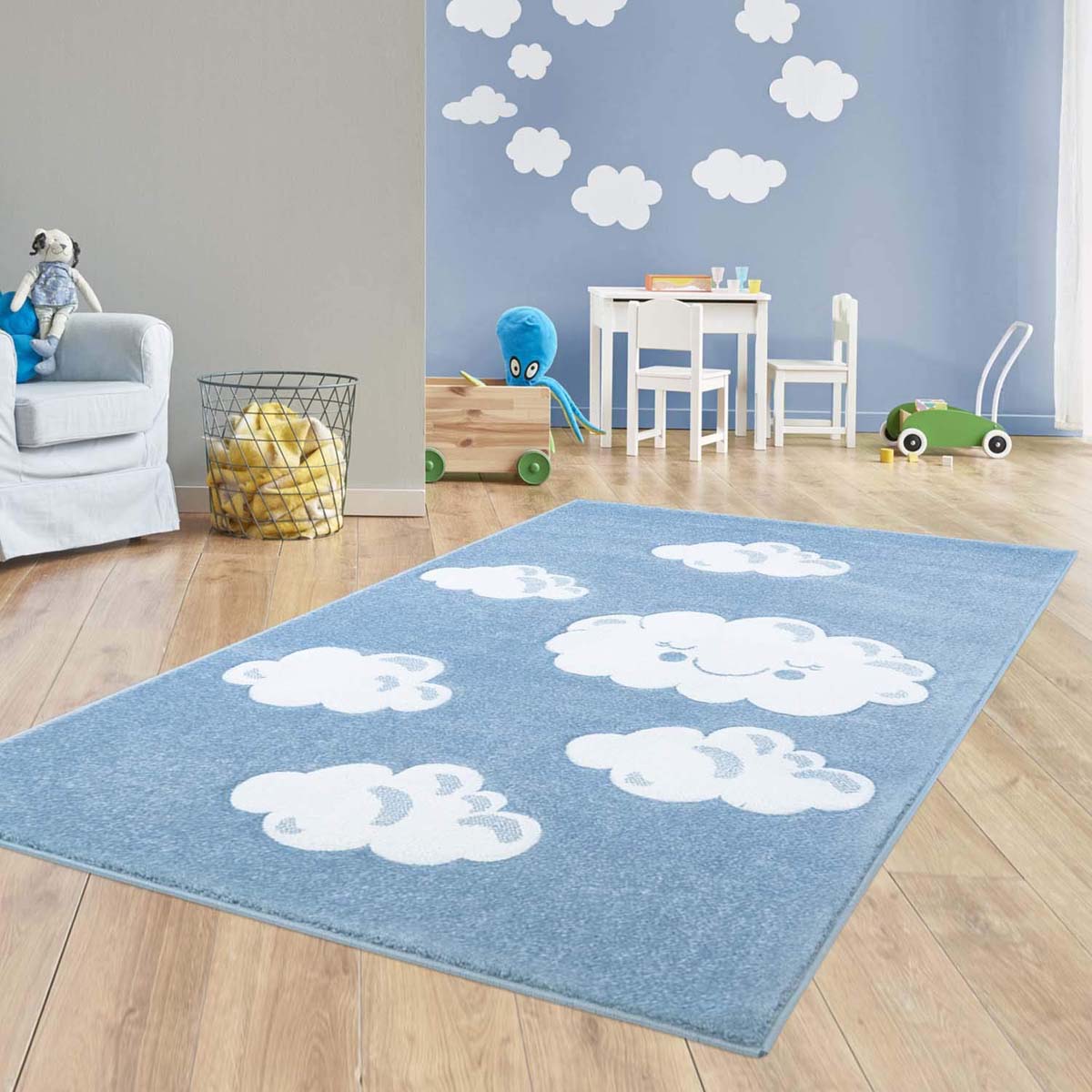 Tot ziens Oost Timor kraan Vloerkleed kinderkamer Wolken 3D - blauw | Tapeso