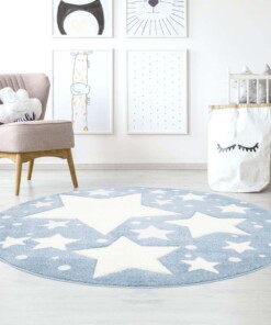 Rond vloerkleed kinderkamer Sterren 3D - blauw/crème - sfeer, thumbnail