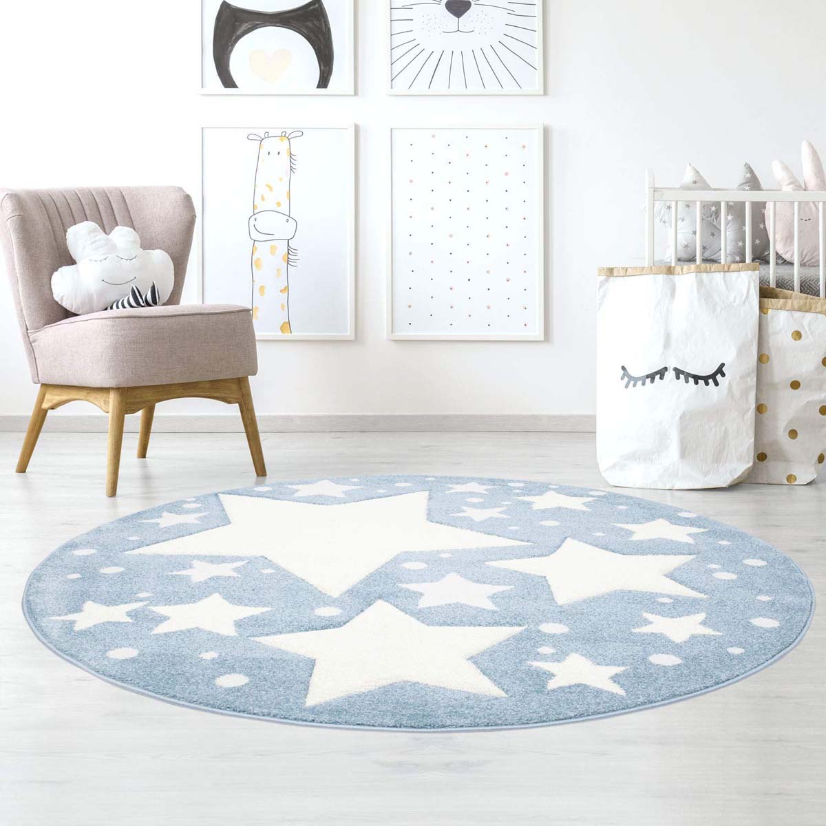 Rond kinderkamer 3D - blauw/crème | Tapeso