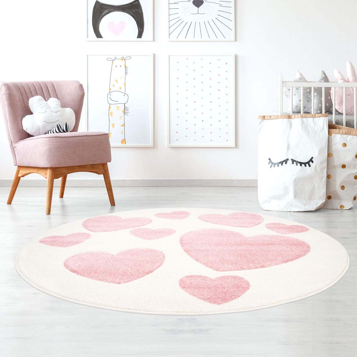 Auroch dealer comfortabel Rond vloerkleed kinderkamer Hartjes 3D - crème/roze | Tapeso