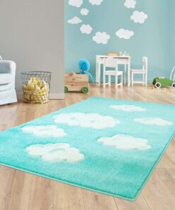 Vloerkleed kinderkamer Wolken 3D - mintblauw - sfeer, thumbnail