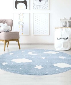 Rond vloerkleed kinderkamer Wolk & Ster 3D - blauw/crème - sfeer, thumbnail