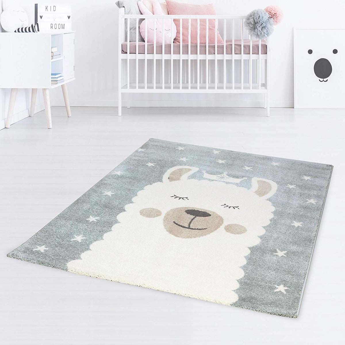 Vloerkleed kinderkamer Sleepy Lama - blauw/wit |